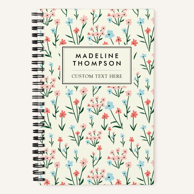 Cute Simple Botanical Pink Blue Flower Floral Notebook (Front)