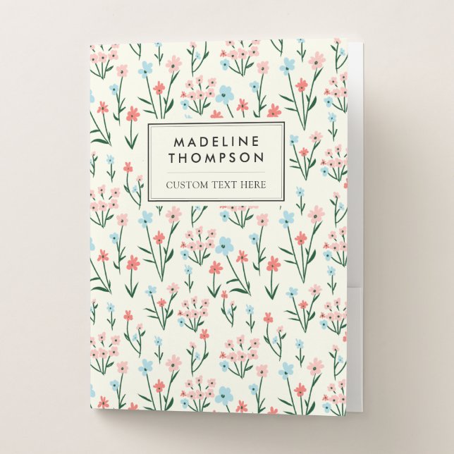 Cute Simple Botanical Pink Blue Flower Floral Pocket Folder (Front)