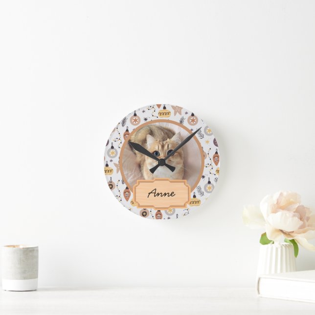  cute simple christmas holiday Custom cat Photo   Round Clock (Home)