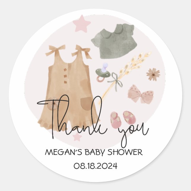 Cute Simple Clothes Pink Baby Shower Thank You Classic Round Sticker (Front)