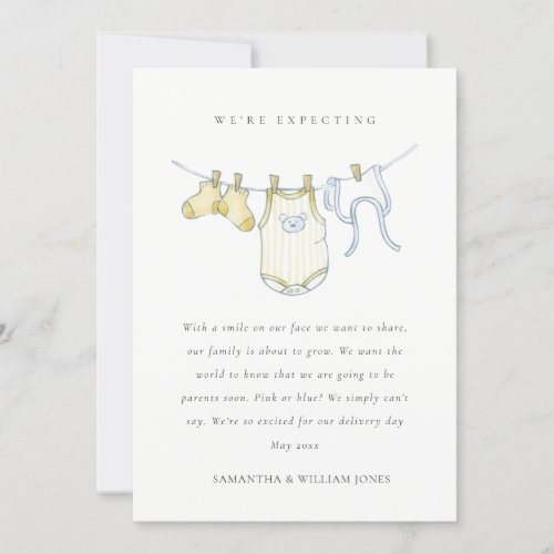 Cute Simple Clothesline Yellow Baby Announcement 