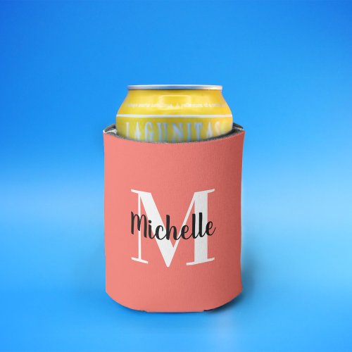Cute Simple Coral Pink  White Monogram Template Can Cooler