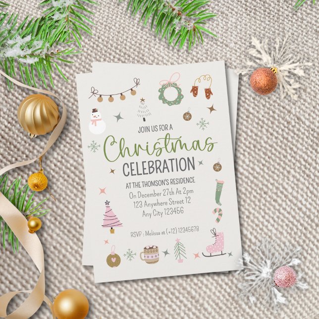 Cute Simple Cozy Winter Pink Green Christmas Party Invitation (Creator Uploaded)