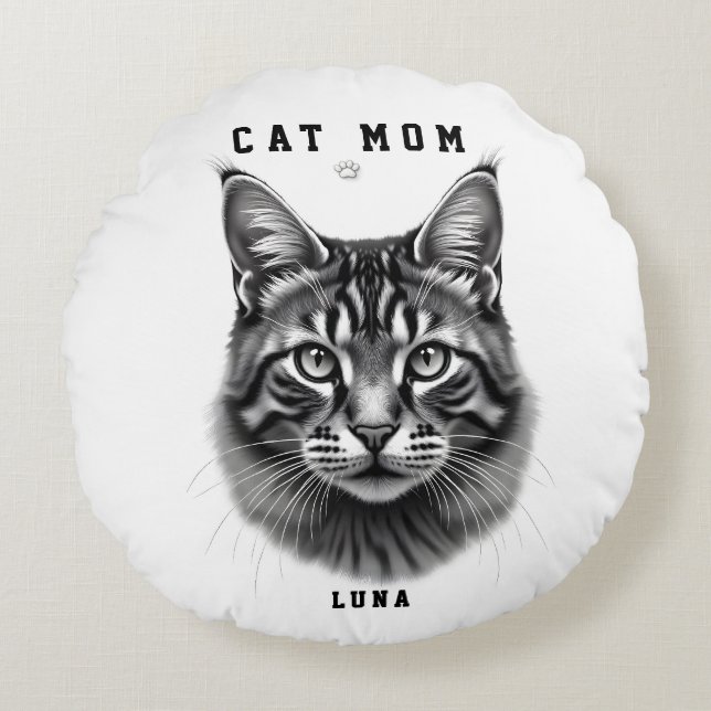 Cute Simple Design Custom Cat Mom Black Cat Lover Round Pillow (Front)