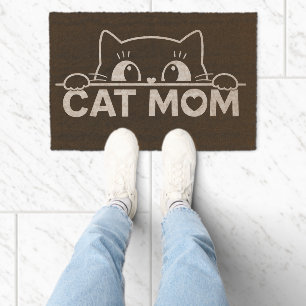 Cute simple design womens black cat lover mom fiber doormat