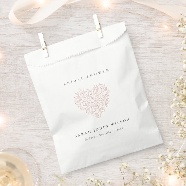 Cute Simple Dusky Blush Floral Heart Bridal Shower Favor Bag (Clipped)