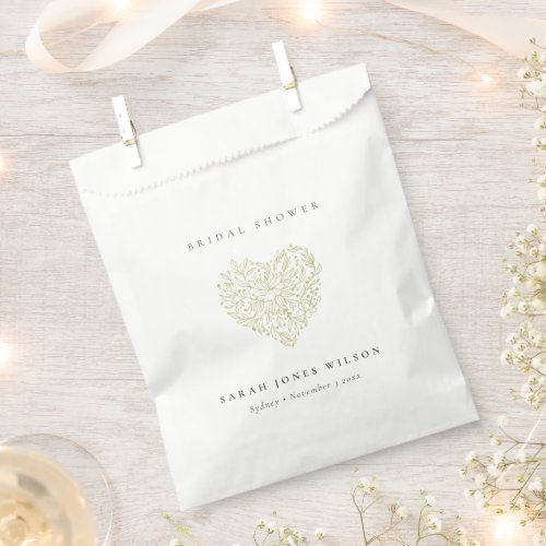 Cute Simple Dusky Green Floral Heart Bridal Shower Favor Bag