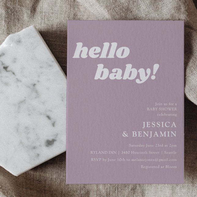 Cute Simple Dusty Lilac Hello Baby Shower Invitation