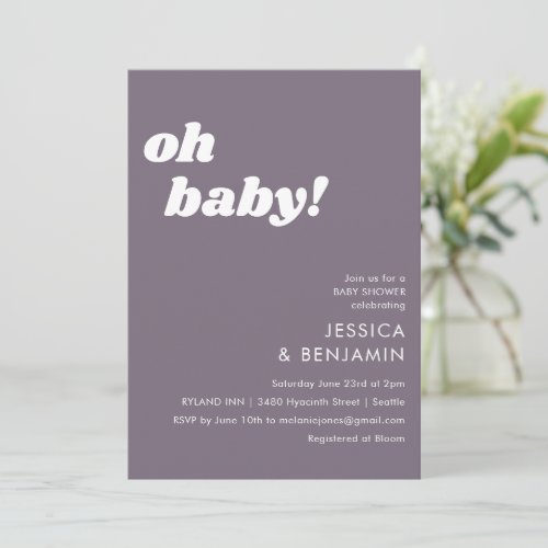 Cute Simple Dusty Purple Modern Oh Baby Shower Invitation