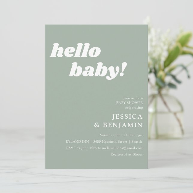Cute Simple Dusty Sage Hello Baby Shower Invitation (Standing Front)