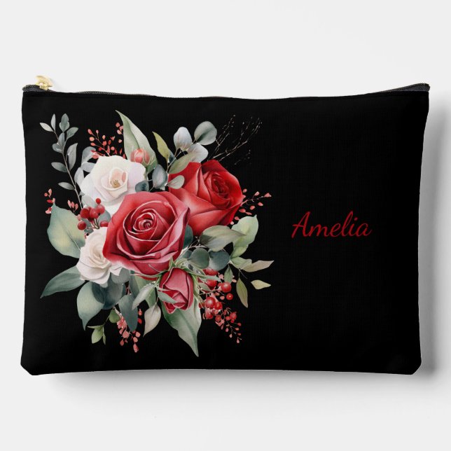 Cute Simple Elegant Black With Flowers Accessory Pouch (Front)