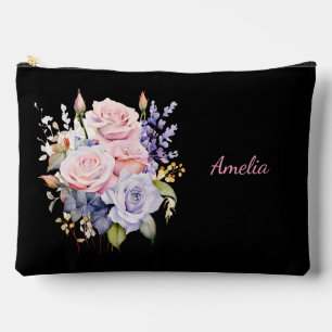 Cute Simple Elegant Black With Flowers Accessory Pouch