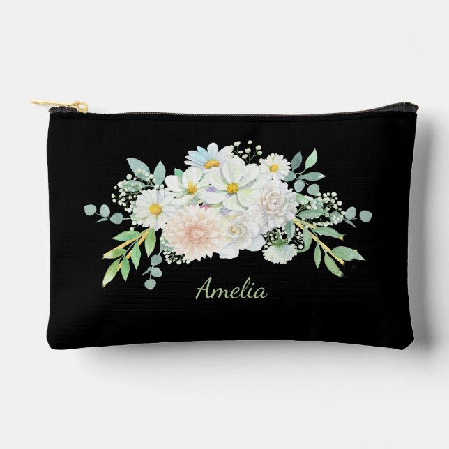 Cute Simple Elegant Black With Flowers Accessory Pouch (Front)