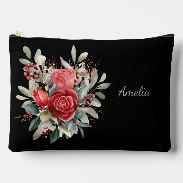 Cute Simple Elegant Black With Flowers Accessory Pouch (Front)