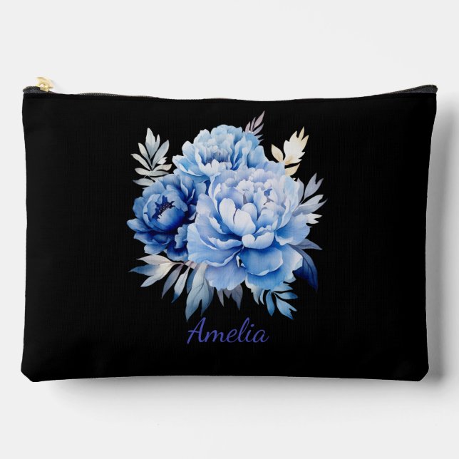 Cute Simple Elegant Black With Flowers Accessory Pouch (Front)