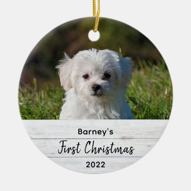 Cute Simple First Christmas Rustic Wood Pet Photo Ceramic Ornament (Front)