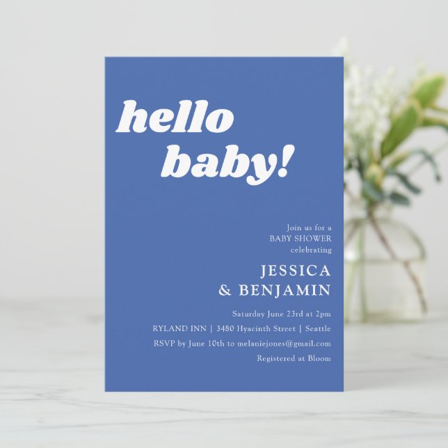 Cute Simple French Blue Hello Baby Shower Invitation (Standing Front)