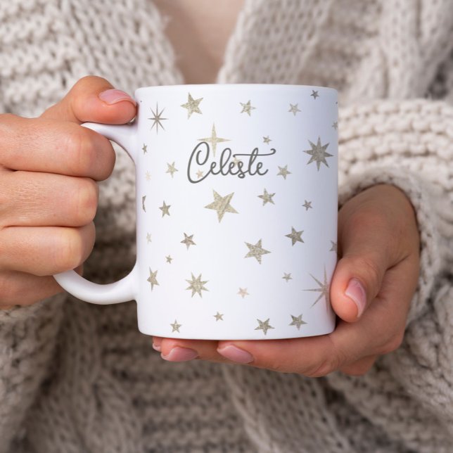 Cute Simple Gender Neutral White Silver Star Fairy Coffee Mug (Creator Uploaded)
