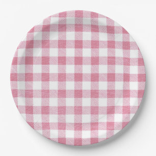 Cute Simple Girly Preppy Pink Gingham Plaid  Paper Plates