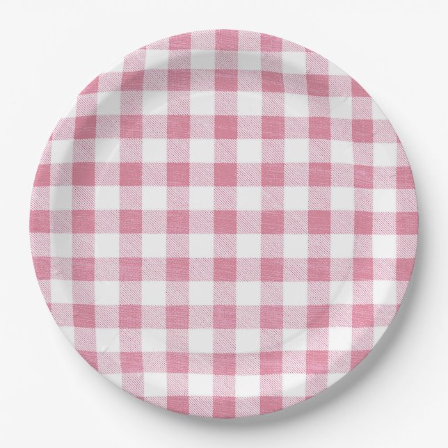 Cute Simple Girly Preppy Pink Gingham Plaid  Paper Plates (Front)