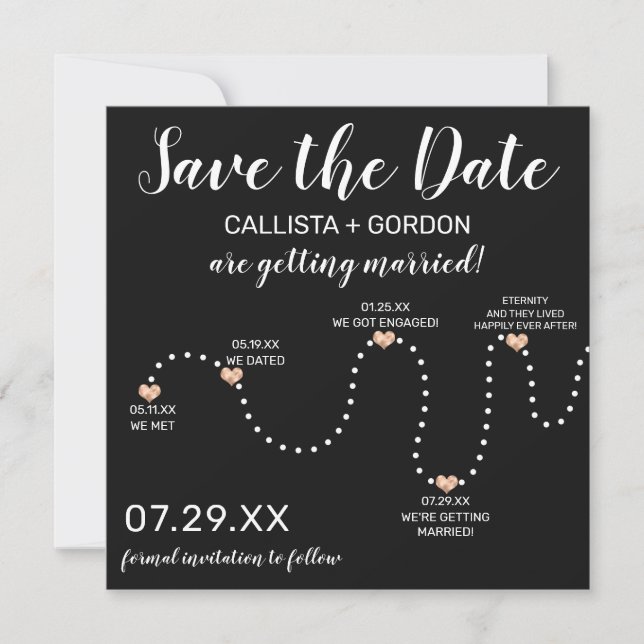Cute Simple Gold White Black Timeline Wedding Save The Date (Front)