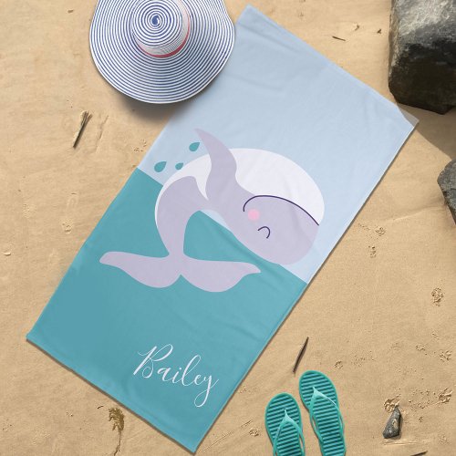 Cute simple graphic leaping whale custom name beach towel