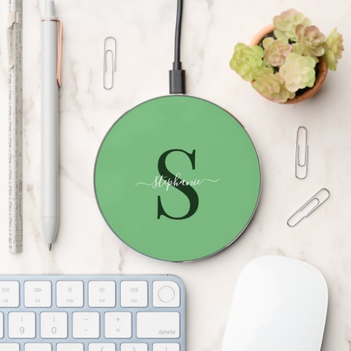 Cute Simple Green Monogram Initial  Name  Wireless Charger