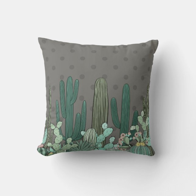Cute Simple Grey Poka Dot Cactus Throw Pillow (Front)