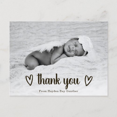 Cute Simple Heart Thank You Photo Birth Announcement Postcard