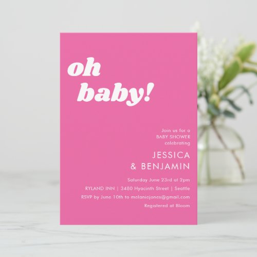 Cute Simple Hot Pink Modern Oh Baby Shower Invitation
