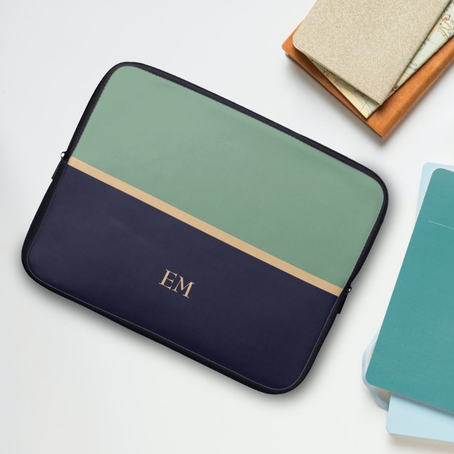 Cute Simple Initial Monogram Blue Green Laptop Sleeve (Creator Uploaded)