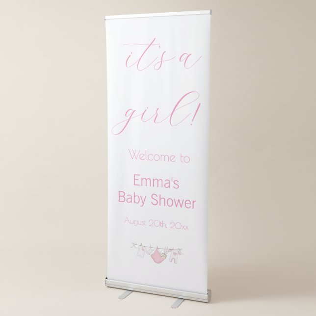 Cute Simple It's a Girl Pink Baby Shower Welcome  Retractable Banner (3/4)