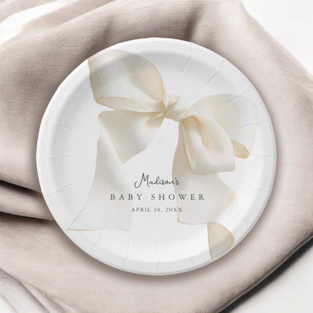 Cute Simple Ivory Bow Baby Shower Paper Plates (Creator Uploaded)