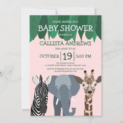 Cute Simple Jungle Animals Leaves Baby Shower Invitation