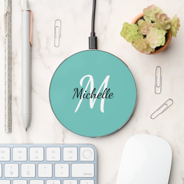 Cute Simple Light Blue Monogrammed Wireless Charger (Desk)