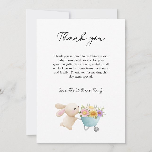 Cute Simple Little Bunny Wildflowers Baby Shower  Thank You Card (Front)