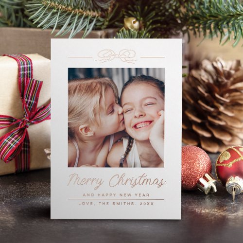 Cute Simple Merry Christmas Script With Bow Photo Foil Holiday Card