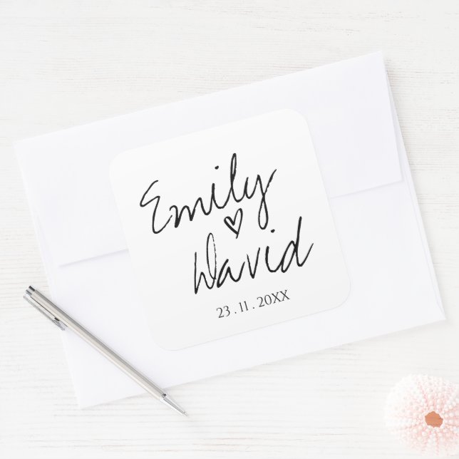 Cute Simple Minimalist Black and White Wedding Square Sticker (Envelope)