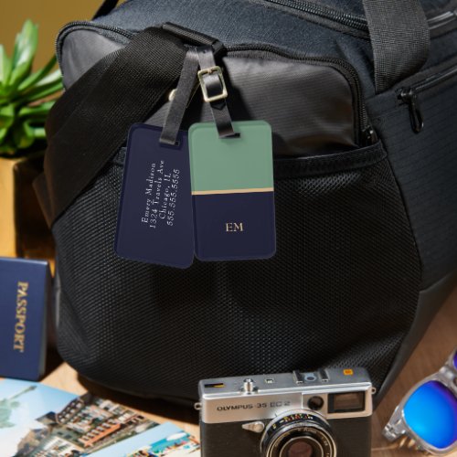 Cute Simple Modern Blue Green Monogrammed Initials Luggage Tag