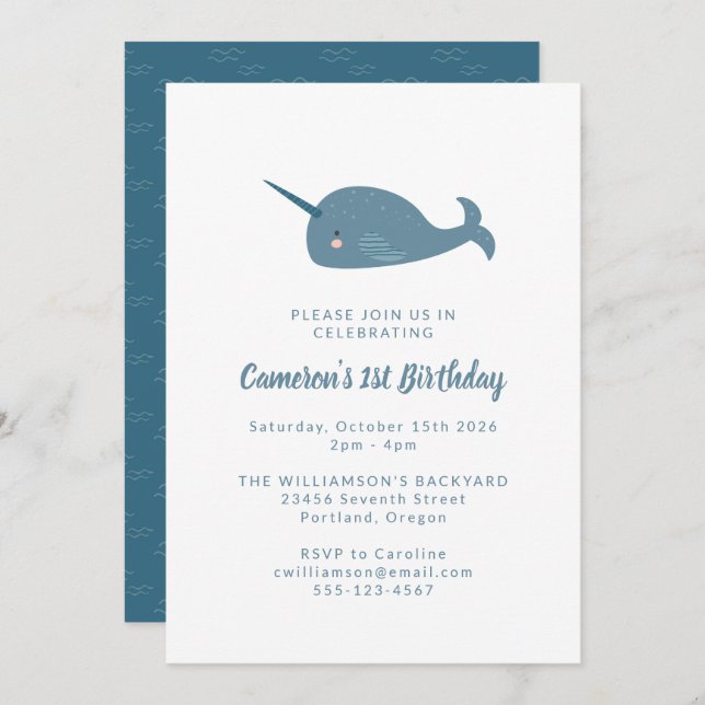 Cute Simple Narwhal Ocean Blue 1st Birthday Party Invitation (Front/Back)