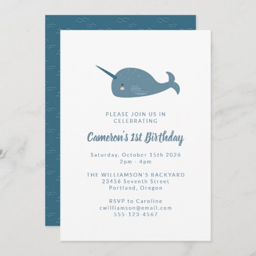 Cute Simple Narwhal Ocean Blue 1st Birthday Party Invitation