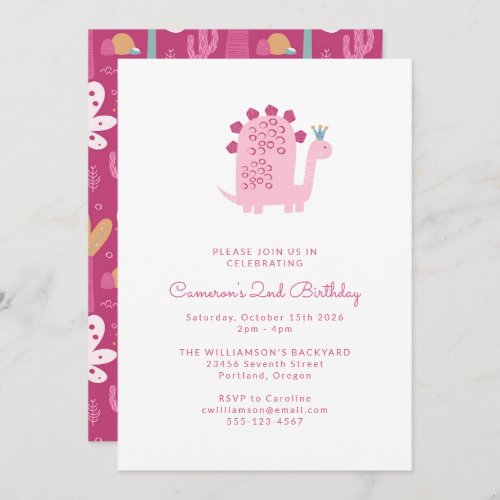 Cute Simple Pink Dinosaur 2nd Birthday  Invitation