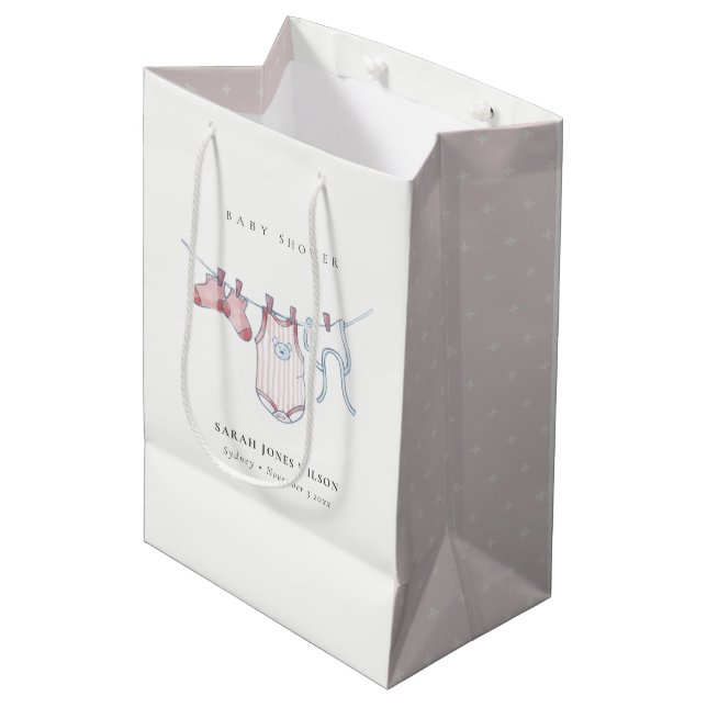 Cute Simple Pink Girl Clothesline Baby Shower Medium Gift Bag (Front Angled)