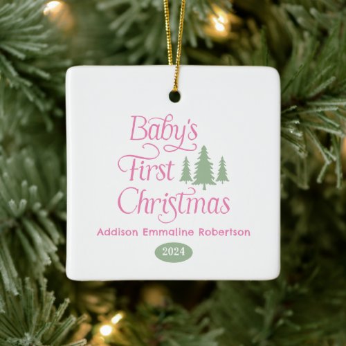 Cute Simple Pink White Babys 1st Christmas Ceramic Ornament