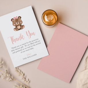 Cute Simple Pink Woodland Bear Baby Shower Thank You Card