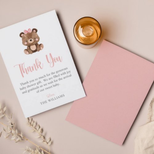 Cute Simple Pink Woodland Bear Baby Shower Thank You Card