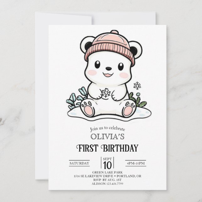 Cute Simple Polar Bear 1st Birthday Digital  Invitation (Front)
