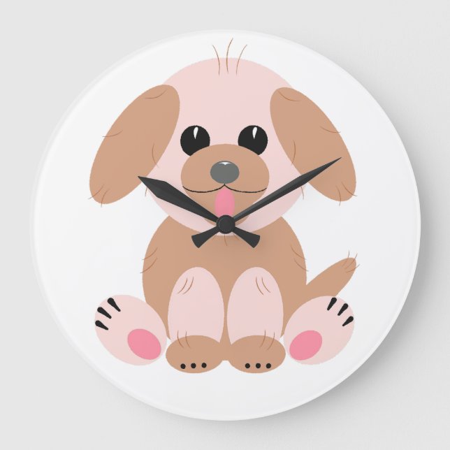 Cute Simple Puppy Dog Cartoon Pastel Large Clock (Front)