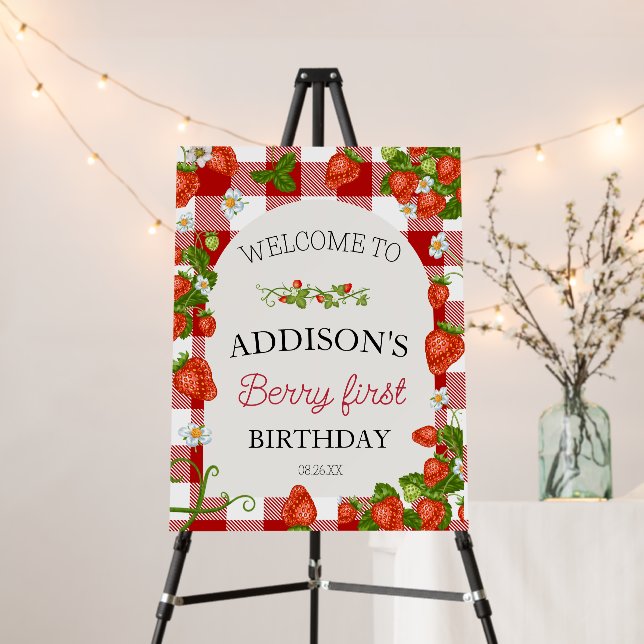 Cute Simple Red Blue Berry Sweet 1st Birthday Foam Board (In Situ (Stand))