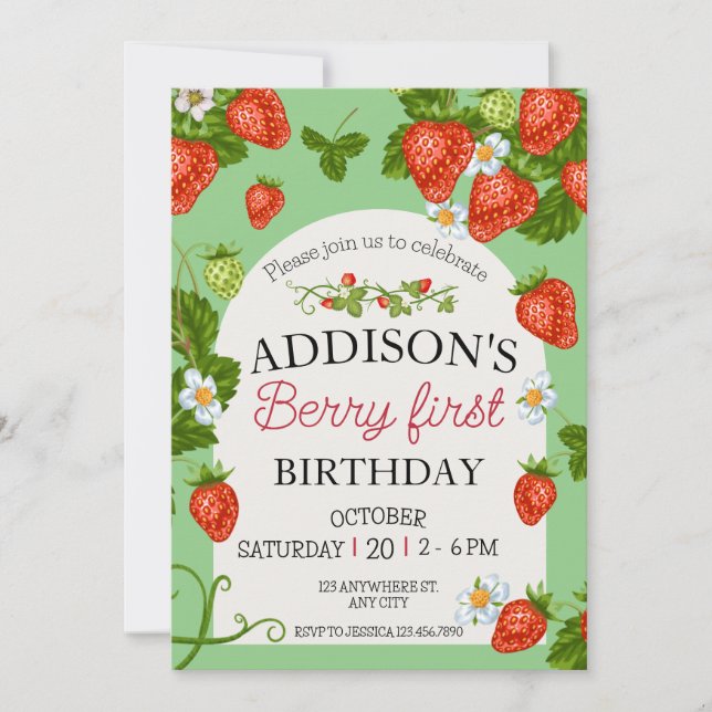 Cute Simple Red Blue Berry Sweet 1st Birthday Invitation (Front)